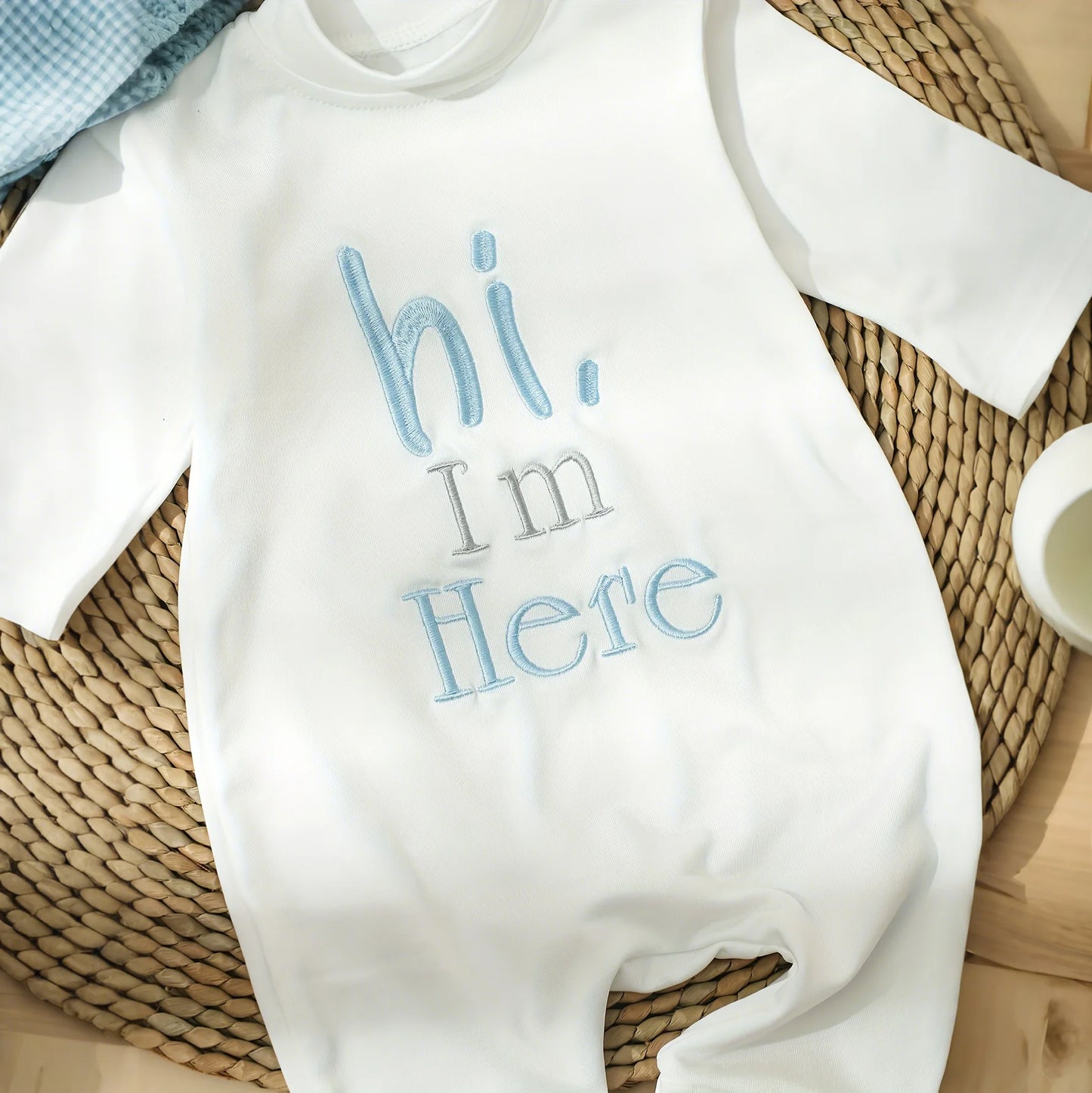 Ylsteed 2Pcs Set HI i am here Embroidery Newborn Photography Jumpsuit with Knitting Pom Hat Baby Boy Outfits for Photo Shooting