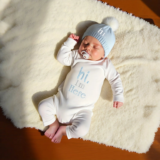 Ylsteed 2Pcs Set HI i am here Embroidery Newborn Photography Jumpsuit with Knitting Pom Hat Baby Boy Outfits for Photo Shooting