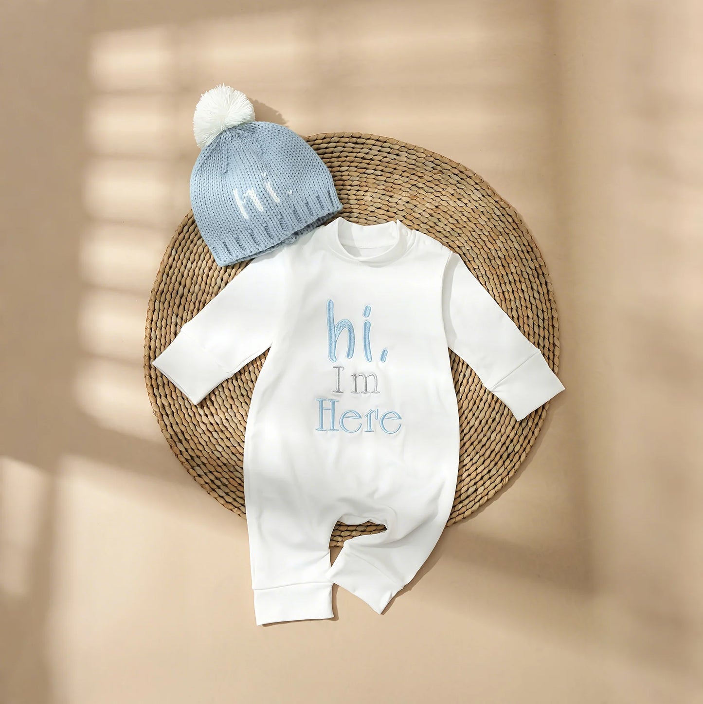 Ylsteed 2Pcs Set HI i am here Embroidery Newborn Photography Jumpsuit with Knitting Pom Hat Baby Boy Outfits for Photo Shooting