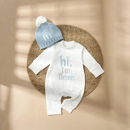 Ylsteed 2Pcs Set HI i am here Embroidery Newborn Photography Jumpsuit with Knitting Pom Hat Baby Boy Outfits for Photo Shooting