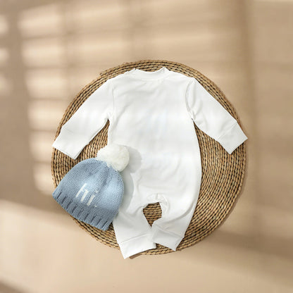 Ylsteed 2Pcs Set HI i am here Embroidery Newborn Photography Jumpsuit with Knitting Pom Hat Baby Boy Outfits for Photo Shooting